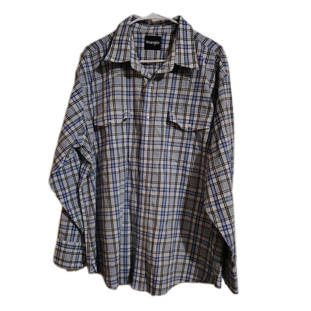Wrangler Shirt Mens XXL Pearl Snap Blue White Plaid Western Cowboy Rodeo Farm